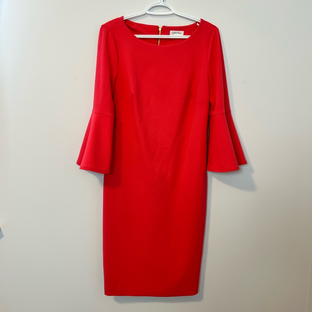 Coral Calvin Klein Trumpet Sleeve Dress